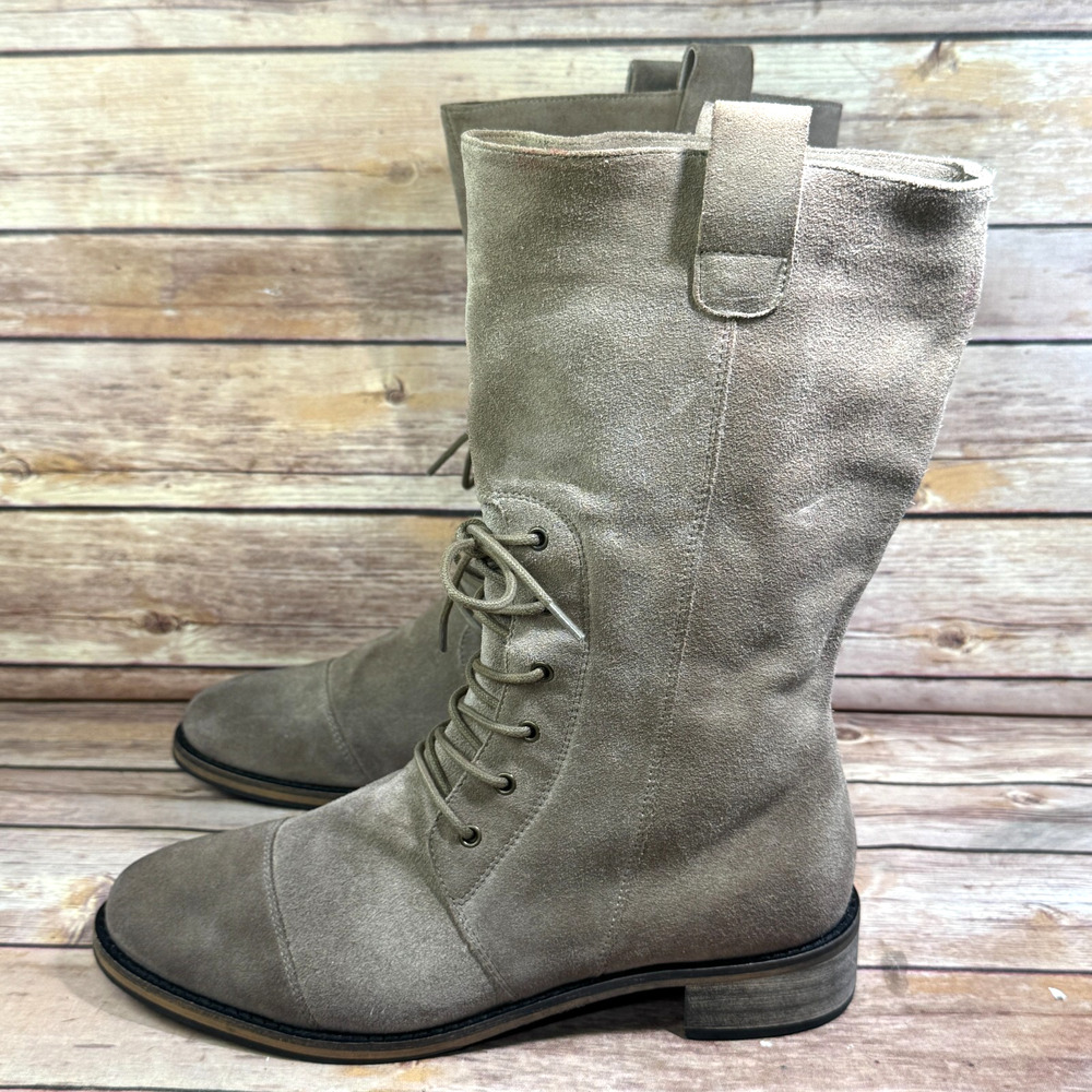 Chocolat Blu Womens Taupe Suede Leather Mid-Calf Lace-Up Cap Toe Boots 37/7 - Picture 4 of 9